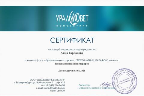 Сертификат «Ветеринарного марафона» Уралбиовет-Консалтинг: зоопсихология — мини-марафон